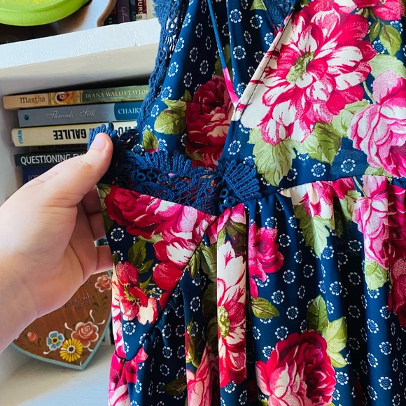 Free People | NEW Strappy Blue Floral Rose Lace Trim Midi Dress - Picture 11 of 13